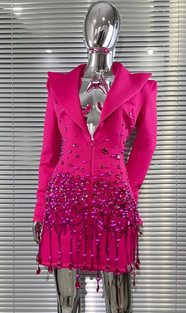 Luxury Rhinestone Sequins Pearl Sexy Low Cut Business Suit And Dress Rose Red - Shop at LoveMi