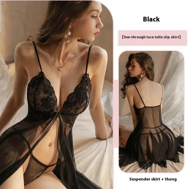 Women's Sleepwear Lace Transparent Suspender Black - Shop at LoveMi