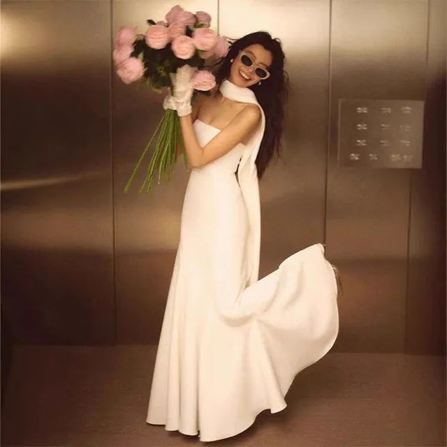 French Style White Simple Tube Top Bridal Light Wedding Dress White - Shop at LoveMi