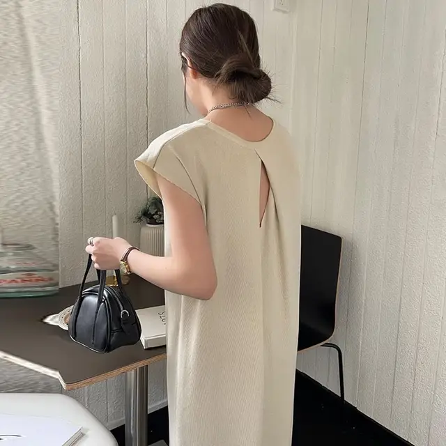 French Style Gentle Design Backless Loose Slimming Ice Silk Knitted Jumpsuit Maternity Dress Beige - Shop at LoveMi