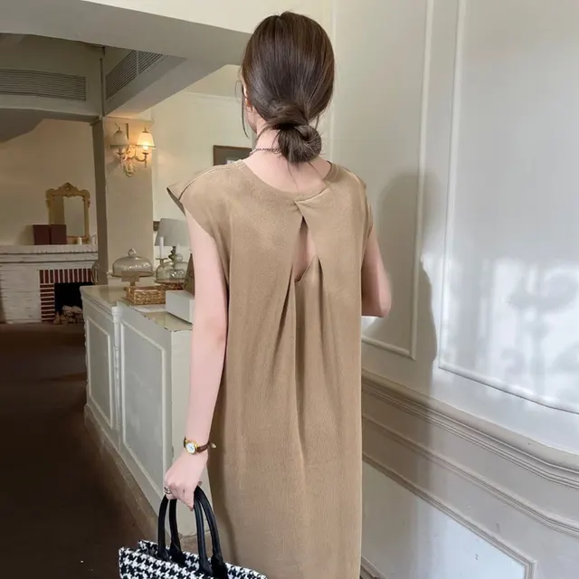 French Style Gentle Design Backless Loose Slimming Ice Silk Knitted Jumpsuit Maternity Dress Khaki - Shop at LoveMi