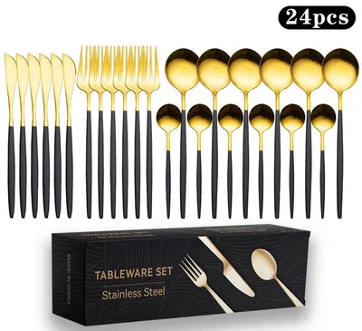 Stainless Steel Knife And Forks 24 piece Gift Box Titanium plated Tableware Suit Black Gold 24Pcs - Shop at LoveMi