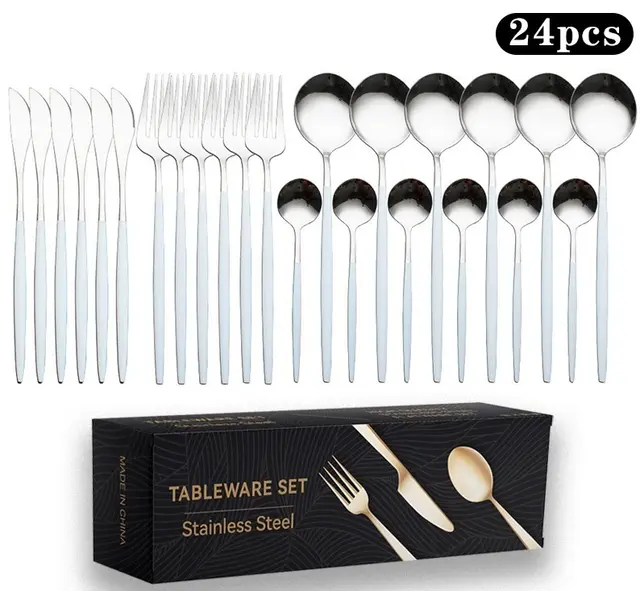 Stainless Steel Knife And Forks 24 piece Gift Box Titanium plated Tableware Suit White Silver 24Pcs - Shop at LoveMi