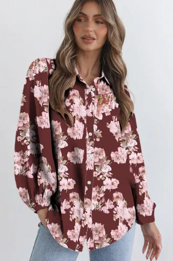 Brown Floral Puff Sleeve Lightweight Shirt Brown - Shop at LoveMi