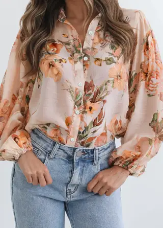 Brown Floral Puff Sleeve Lightweight Shirt - Orange