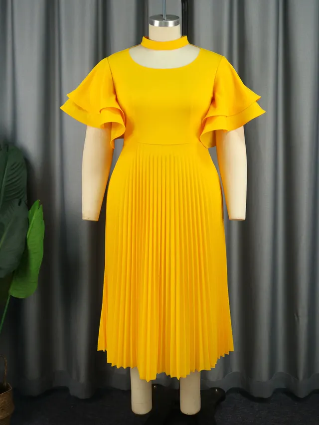 Elegant Style Ruffled Flare Sleeve Dress Yellow - Shop at LoveMi