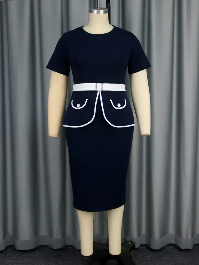 Round Neck Fashion Temperament Sheath Belt Buckle Ruffled Slimming Dress Dark Blue - Shop at LoveMi