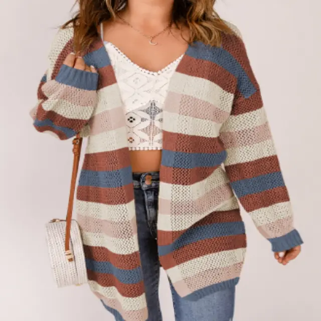 Blue Striped Color Block Hollowed Knit Cardigan Blue - Shop at LoveMi