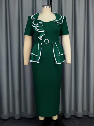 V neck Lotus Leaf Contrast Color Short Sleeve Plus Size Hip wrapped Skirt Dress Dark Green - Shop at LoveMi