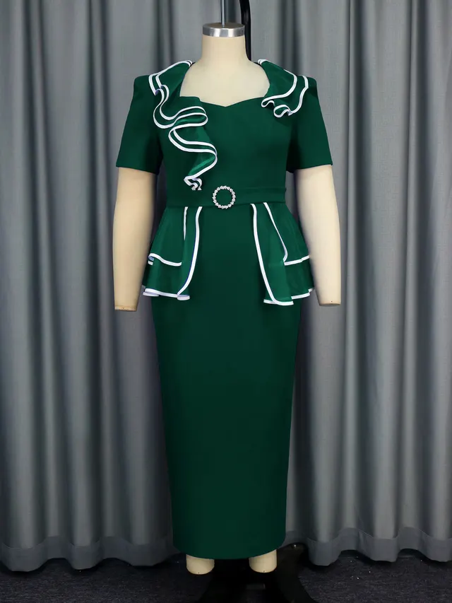 V neck Lotus Leaf Contrast Color Short Sleeve Plus Size Hip wrapped Skirt Dress Dark Green - Shop at LoveMi