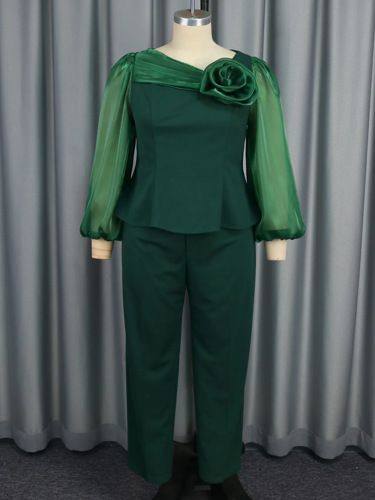 European And American Ruffled Slimming Plus Size Fashion Puff Sleeve Suit - Dark Green