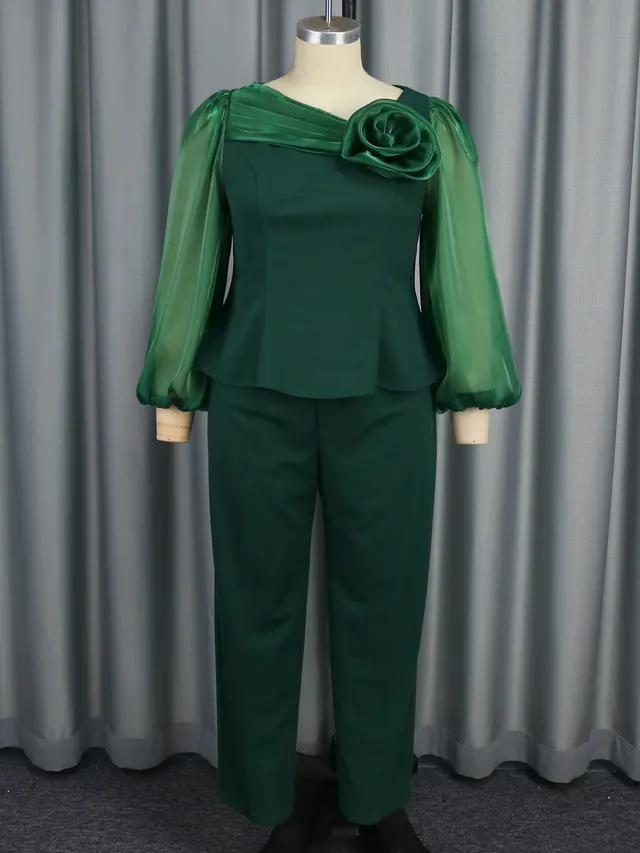 European And American Ruffled Slimming Plus Size Fashion Puff Sleeve Suit Dark Green - Shop at LoveMi