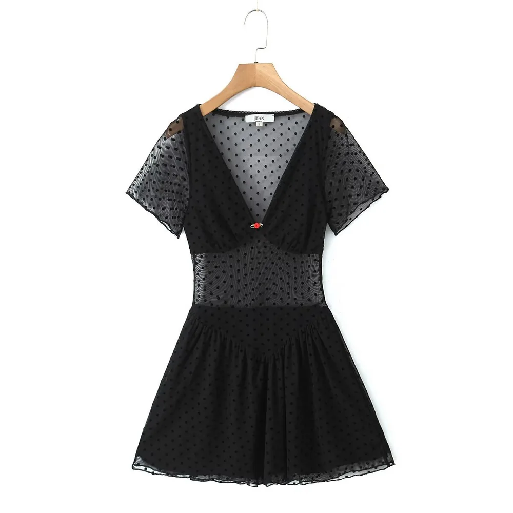 V-neck Flower Decoration Sexy Sheer Mesh Dress - View 1