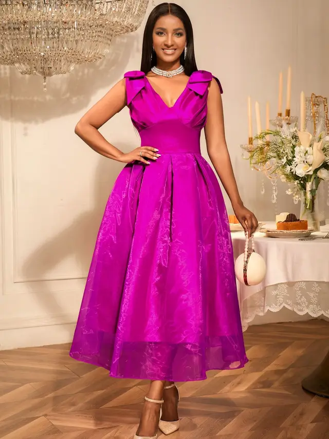 European And American Sexy V neck Bow Sleeveless Dress Rose Red - Shop at LoveMi