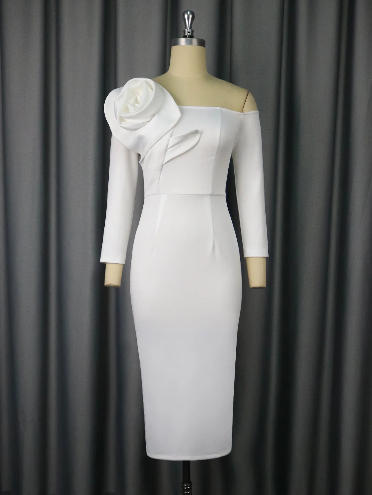 Elegant Bell Sleeve Three-dimensional Flower Dress Back Slit Dress - White