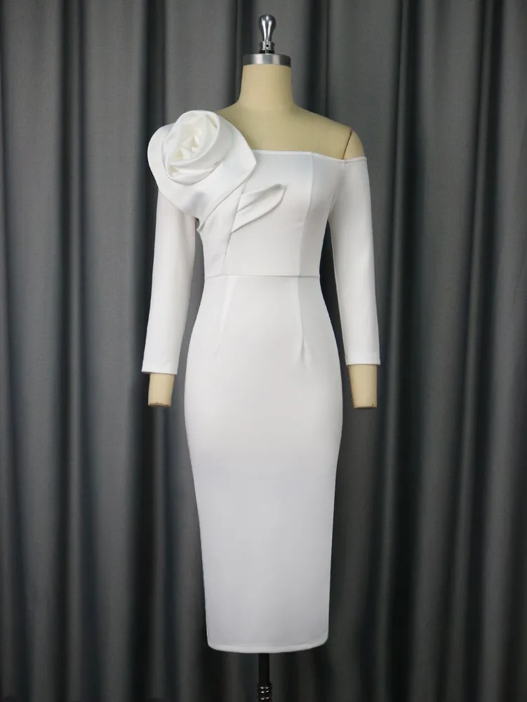 Elegant Bell Sleeve Three-dimensional Flower Dress Back Slit Dress - White