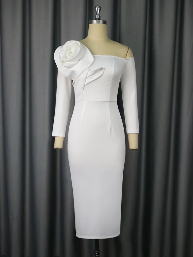 Elegant Bell Sleeve Three dimensional Flower Dress Back Slit Dress White - Shop at LoveMi