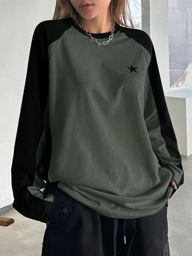 Round Neck Long Sleeve T shirt Loose Casual Multicolor Raglan Top Green And Black - Shop at LoveMi