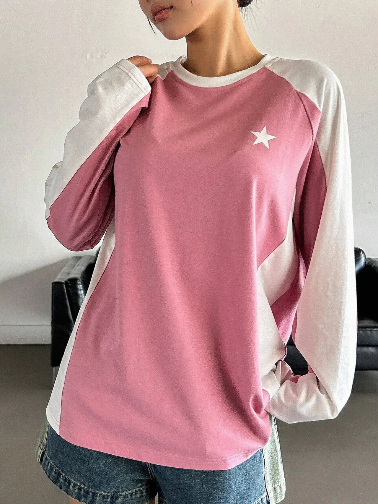 Round Neck Long Sleeve T-shirt Loose Casual Multicolor Raglan Top - Pink And White