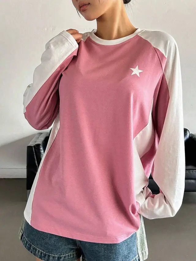 Round Neck Long Sleeve T shirt Loose Casual Multicolor Raglan Top Pink And White - Shop at LoveMi