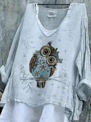 Women's Owl Print Casual Loose Fit Round Neck Short Sleeve Top