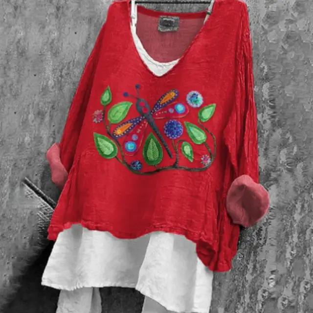 Women's Colorful Dragonfly Pattern Print Cotton Linen Shirt Red - Shop at LoveMi