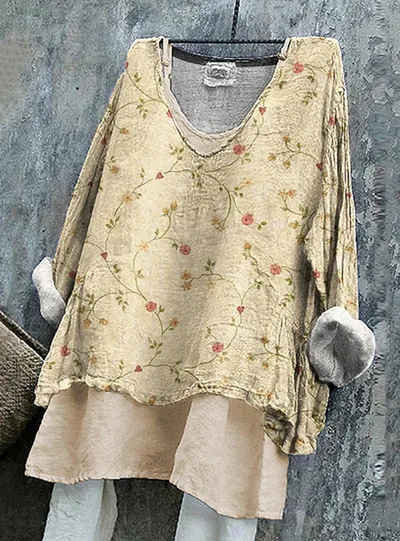 Vintage Floral Art Pattern Linen Long sleeve Top Beige - Shop at LoveMi
