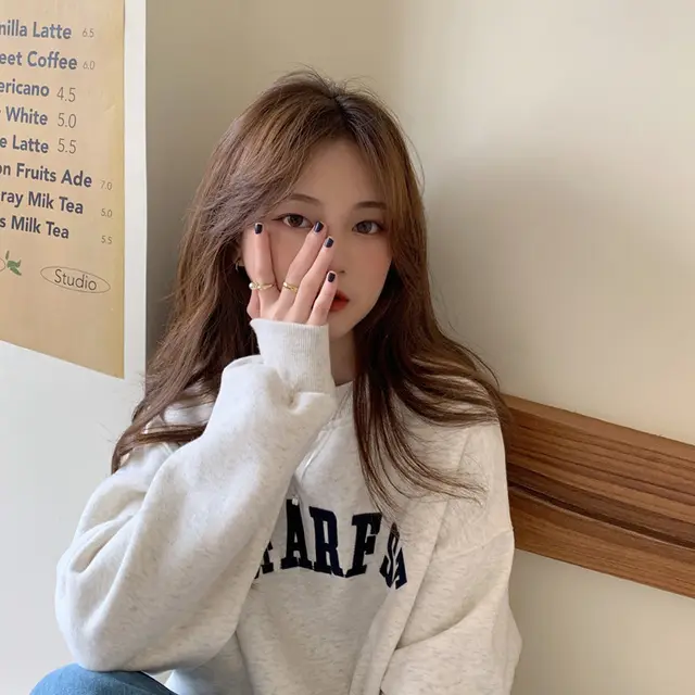Embroidered Letter Loose Round Neck Long Sleeve Top White And Gray - Shop at LoveMi