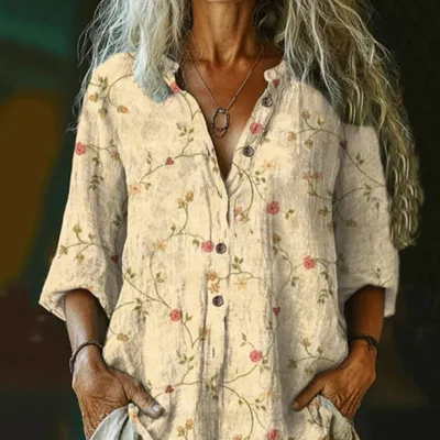 Women's Vintage Floral Art Print Cotton Linen Casual Shirt Beige - Shop at LoveMi