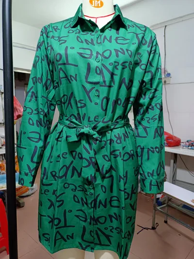 Printed Cardigan Lapel Loose Shirt Dress Green - Shop at LoveMi