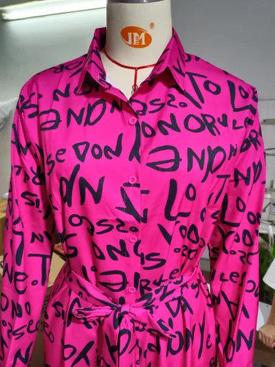 Printed Cardigan Lapel Loose Shirt Dress Rose Red - Shop at LoveMi