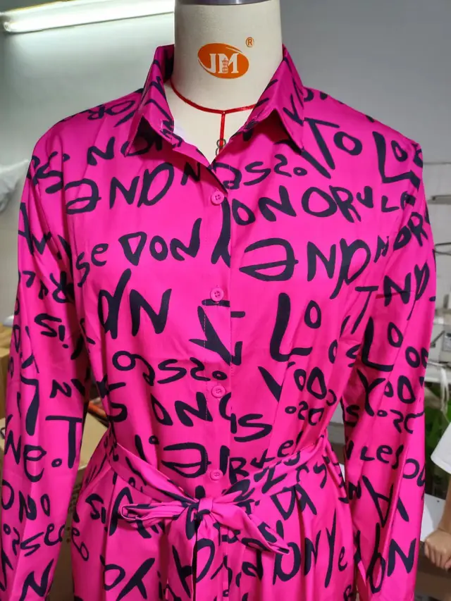 Printed Cardigan Lapel Loose Shirt Dress Rose Red - Shop at LoveMi