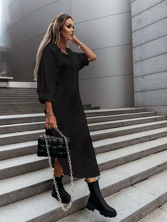 Autumn Fashionable With Side slit Loose Casual Solid Color Shirt Dress Black - Shop at LoveMi