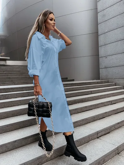 Autumn Fashionable With Side slit Loose Casual Solid Color Shirt Dress Blue - Shop at LoveMi