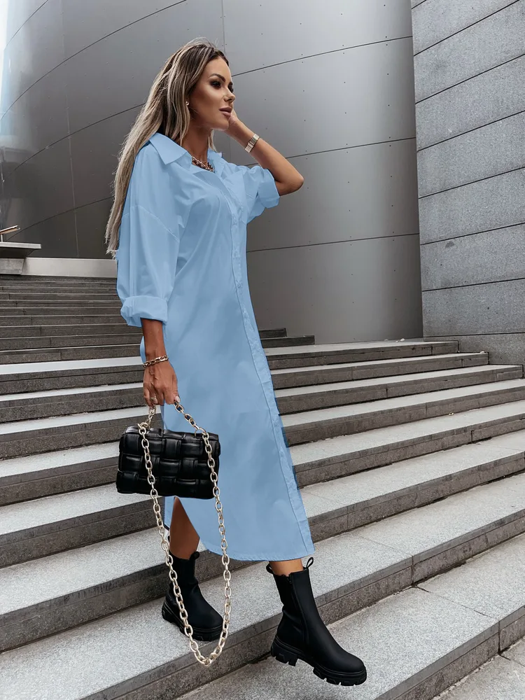 Autumn Fashionable With Side-slit Loose Casual Solid Colour Shirt Dress - Blue - View 1
