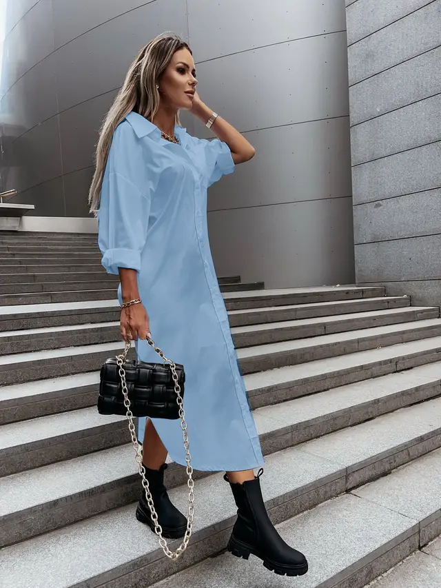 Autumn Fashionable With Side slit Loose Casual Solid Color Shirt Dress Blue - Shop at LoveMi