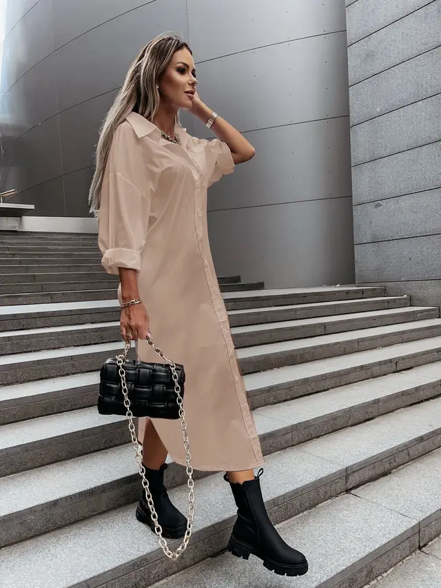 Autumn Fashionable With Side slit Loose Casual Solid Color Shirt Dress Khaki - Shop at LoveMi