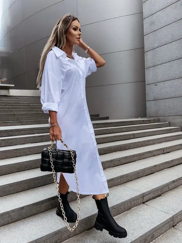 Autumn Fashionable With Side slit Loose Casual Solid Color Shirt Dress White - Shop at LoveMi