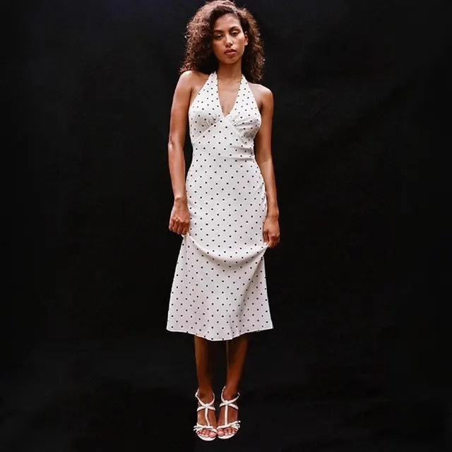 Retro V neck Halter Slimming Dot Sexy Backless Dress White - Shop at LoveMi