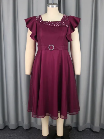 Summer Mesh Butterfly Sleeve Ruffles Party Wedding Guest Elegant Dress Wine - Shop at LoveMi