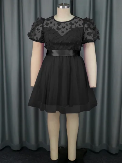 Three dimensional Butterfly Gauzy Gown Short Sleeve Cute Lady Dress Black - Shop at LoveMi