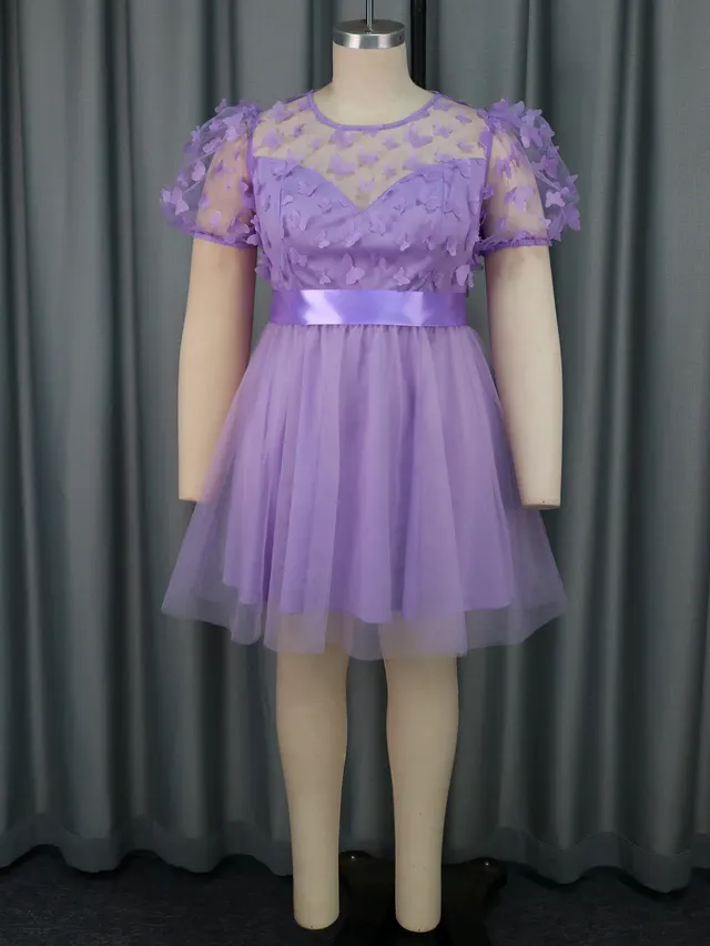 Three dimensional Butterfly Gauzy Gown Short Sleeve Cute Lady Dress Light Purple - Shop at LoveMi