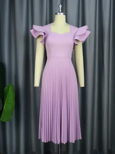 Light Purple Square Collar Elegant Graceful Pleated Dress Light Purple - Shop at LoveMi