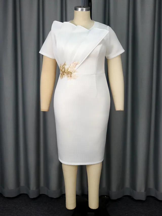 Embroidered Short Sleeve Banquet Party High Waist Dress White - Shop at LoveMi