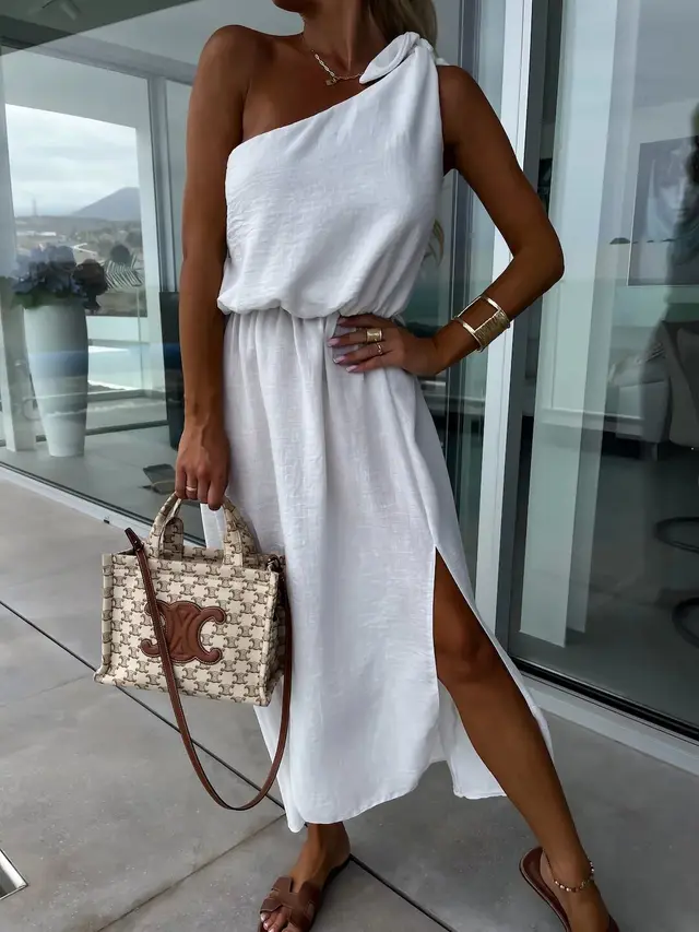 Slant Shoulder Sleeveless Split Large Swing Dress White - Shop at LoveMi