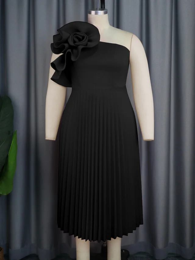 Shoulder Diagonal Collar Pleated Skirt Black - Shop at LoveMi