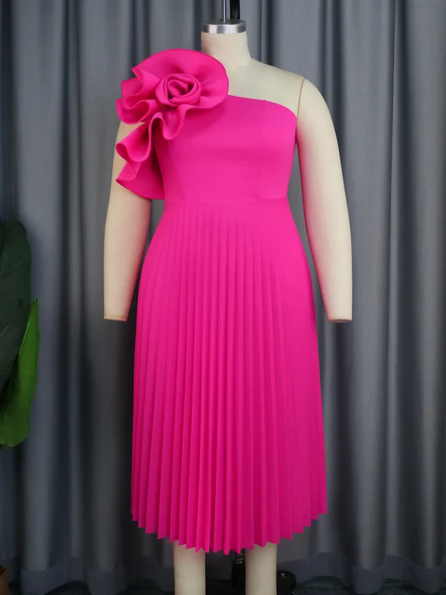 Shoulder Diagonal Collar Pleated Skirt Rose Red - Shop at LoveMi