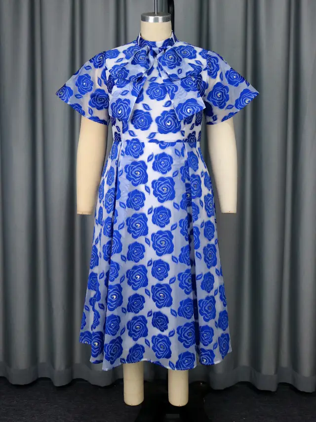 Half Turtleneck A Line Tie Neckline Strap Bow Blue Embossed Dress Blue - Shop at LoveMi