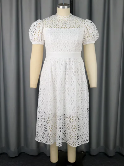 Puff Sleeve Lace Banquet Holiday Dress White - Shop at LoveMi