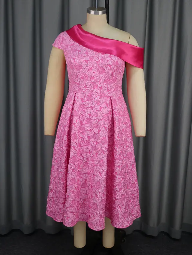 Jacquard Party Banquet Diagonal Collar Large Skirt A Line Dress Pink - Shop at LoveMi